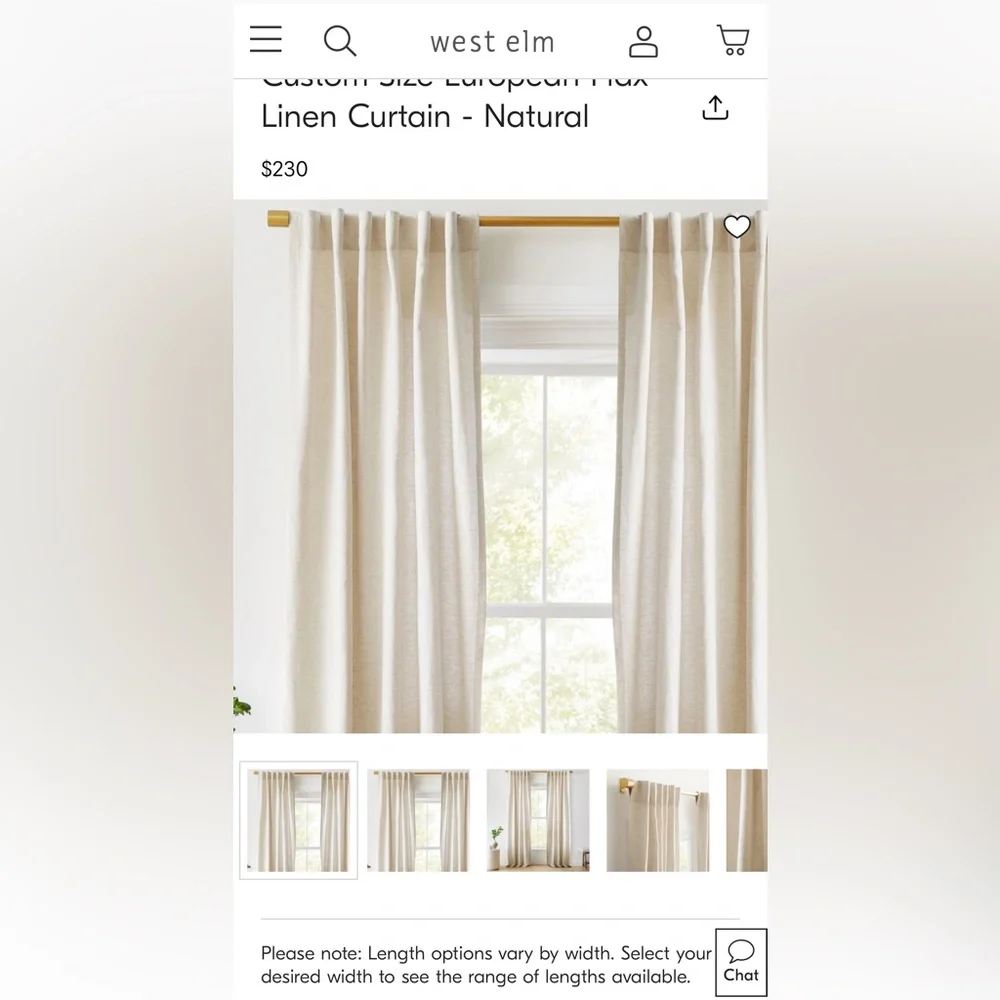West Elm Custom Size Solid European Flax Linen Curtain with Cotton Lining, White